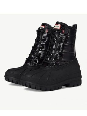 Hunter Stanly Black Quilted Winter Lace-Up rain Boots women 7